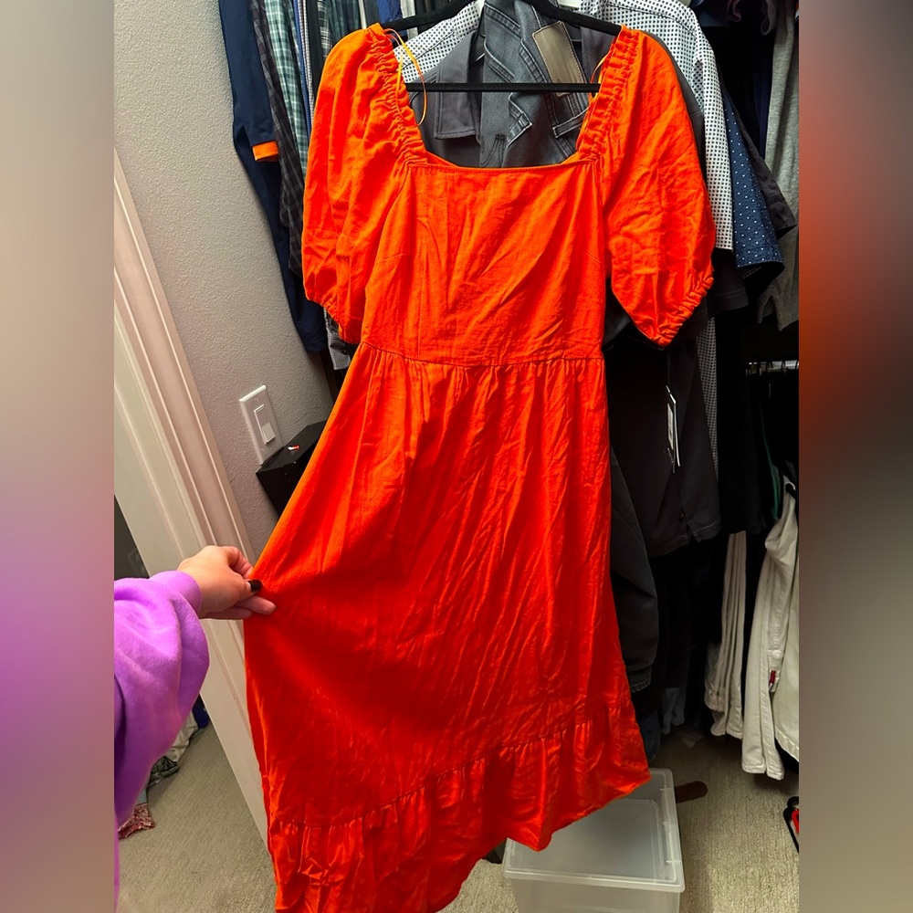 Orange Linen Maxi Dress with Open Back Tie